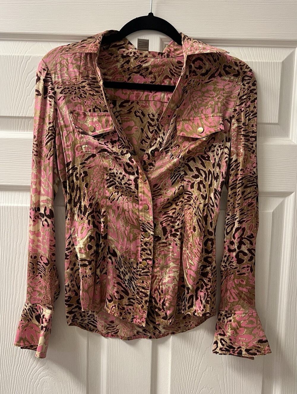 Cache Pink Silk Blouse with Animal Print Vintage Y2K Collared Button-Up, Size S